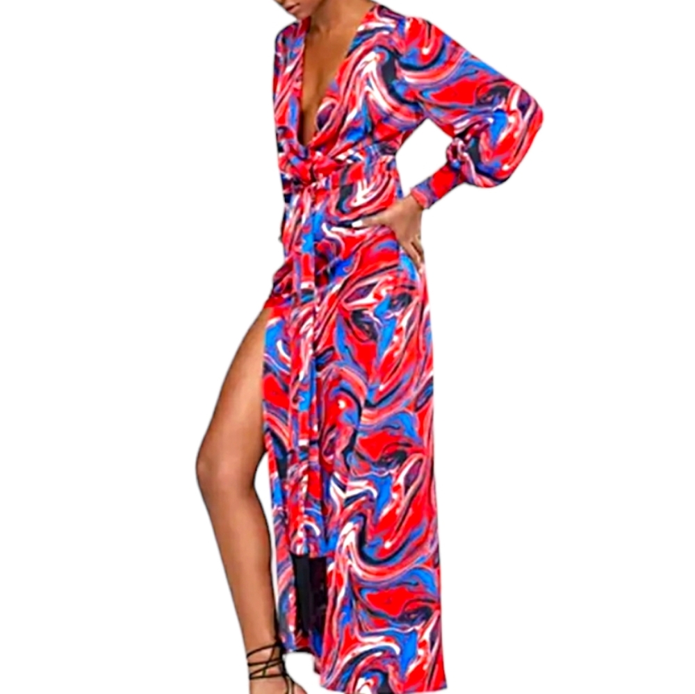 Gabrielle Union Marble Print Maxi Dress Long Sleeve Romantic Boho Eclectic Artsy